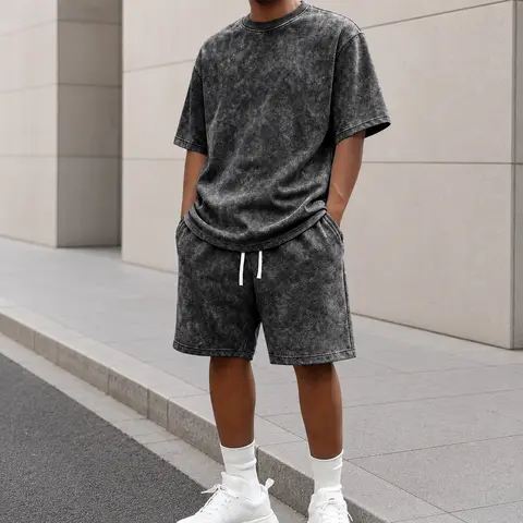 Men's 2-Piece Loose Solid-Color Washed Cotton Summer Menswear Set - Casual Commuting Crew-Neck Shortsleeve T-Shirt + Shorts, Retro 2000s Style, Ideal for Running, Camping, Beach, Great Gift for Men