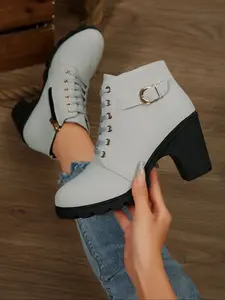 Women's Light Color Chunky Heel Short Boots, Fashion Lace-Up Ankle Boots, Casual Unique Side Zip Design, Fall & Winter Shoes