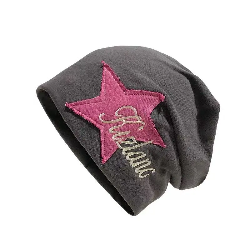 Unisex Casual Ruffle Cap with Embroidered Star Patch, Fitted Cotton Bonnet-Style Beanie for Daily Wear, Machine Washable, Embroidered Fitted Cap, Clothes, Birthday, Geometric, Heap Heap Hat