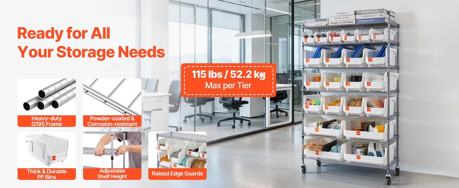 7-Tier Rolling Bin Storage Rack With 22 Organizer Bins, Bin Rack Storage Steel Wire Shelving System On Wheels, Mobile Tool Organizer For Garage, Warehouse, Office, Restaurant, Classroom, Kitchen