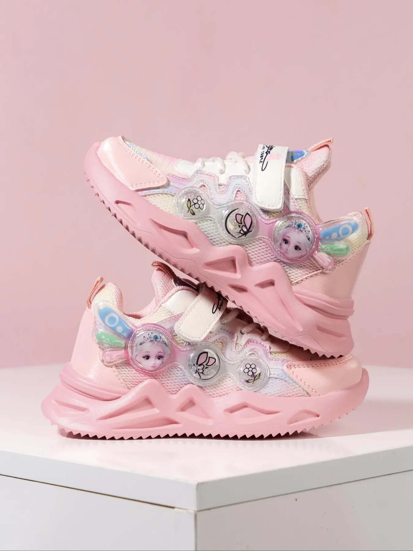 Girl's Cute Cartoon Pattern Contrast Mesh Design Sneakers, Round Toe Trainers, Casual Comfortable Breathable Sports Shoes, All-match Round Toe Sneaker