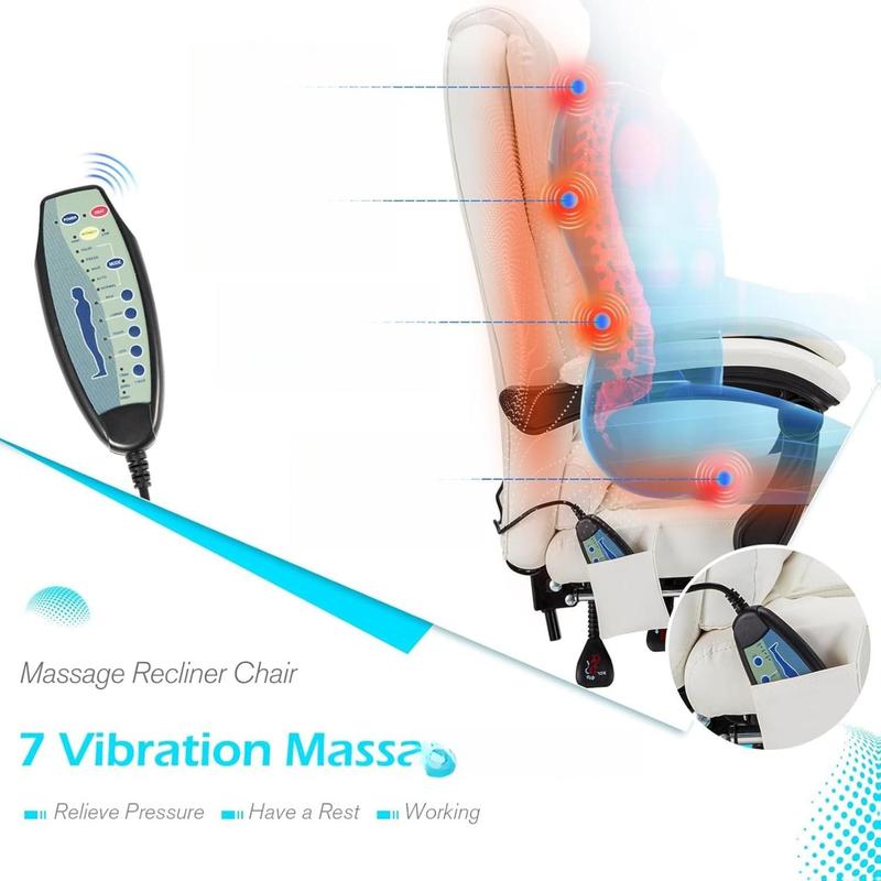 Aecojoy Office Chair with 7 Point Vibrating Massage & Heat Functions, Ergonomic Recliner Chair with Footrest, PU Leather Wide Computer Chair Executive Chair with High Back Lumbar Support, Cream White