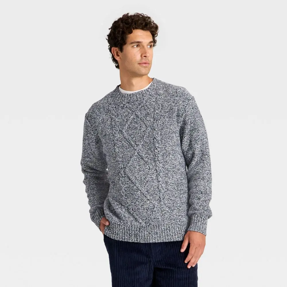 Houston White Men's Long Sleeve Crewneck Cableknit Pullover Sweater, Sweatshirt, Fabric