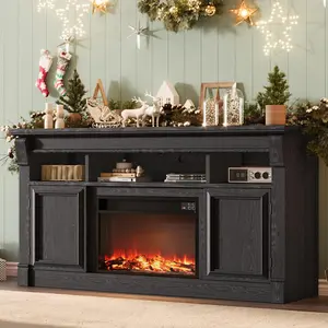 68" Fireplace TV Stand with Remote, 36" Electric Fireplace & 4 Flame Colors, Farmhouse Console, Grey