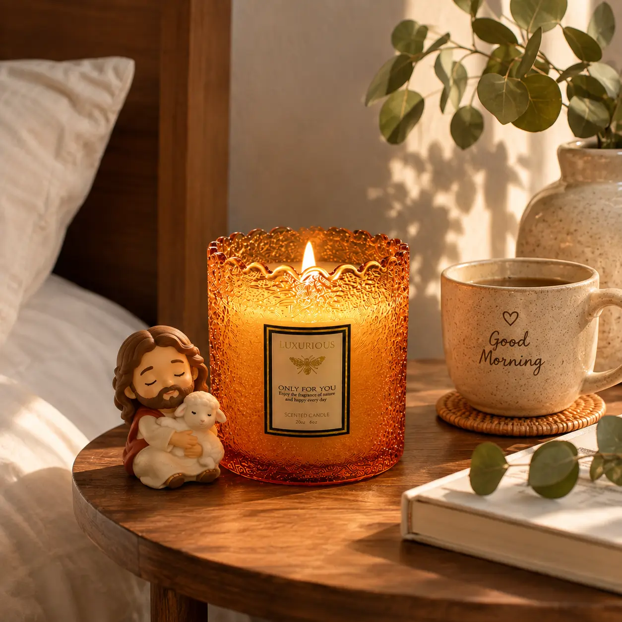 Baltic Amber Non-Toxic Organic Soy Candle - 8.8oz Vintage Embossed Glass Jar, Spiritual Home Decor with "May God Bless This Grace-Filled Home" Message for Prayer, Meditation