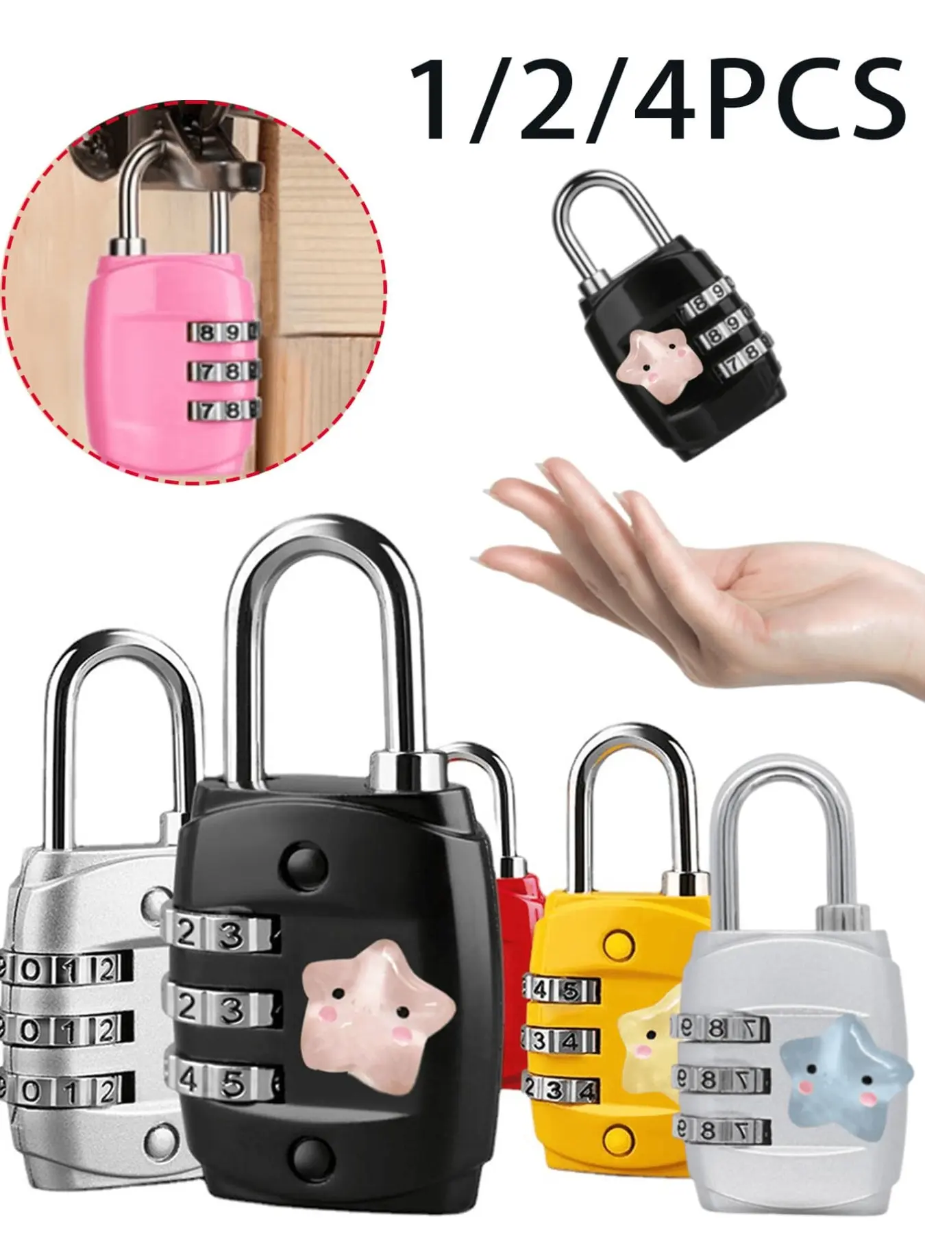 Cute Star Decor Three-Digit Password Lock, Combination Lock, Number Lock, Metal Security Travel Lock, Gym Storage Cabinet Lock, Lock For Gym Locker, Luggage Backpack Zipper Lock, Durable, Easy Setup, Multi-Color Options
