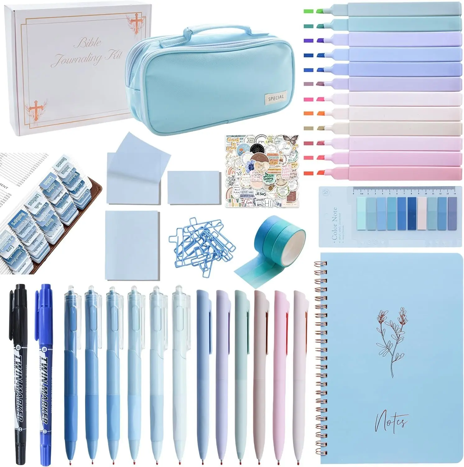 Bible Study Supplies Journaling Kit - 56-Count Office/School Stationery Set for Female Believers, A5 Spiral Journal, Fade-Proof Ballpoint Pen, Tabs, Highlighters, Color Pens, Stickers & More, Blue Beginner Gift, Beautifully Packaged, A5 Size