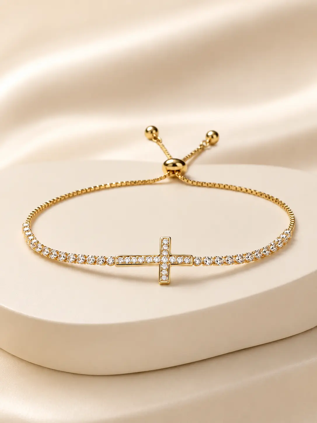 Women's Lightweight Sparkling CZ Cross Charm Bracelet, Adjustable Slider Chain with Dainty Rhinestone Cross, Elegant Gold-Tone Costume Jewelry Gift for Daily Wear, All Seasons Accessory, Charm Bracelets