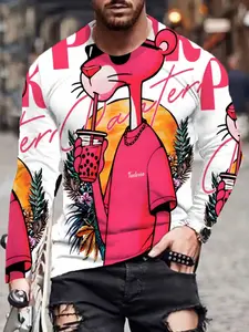 Men's Casual Fashion Long Sleeve Fitted T-Shirt, Leopard Pattern Print, Spring & Fall Outdoor Wear, Gift