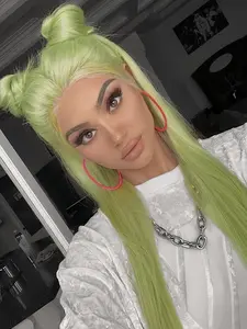 Light green Wig for Women, 13x4 HD Lace, Long Straight 26 Inch Heat Resistant Fiber, Natural Smooth No Tangle Perfect for Cosplay, Synthetic Hair