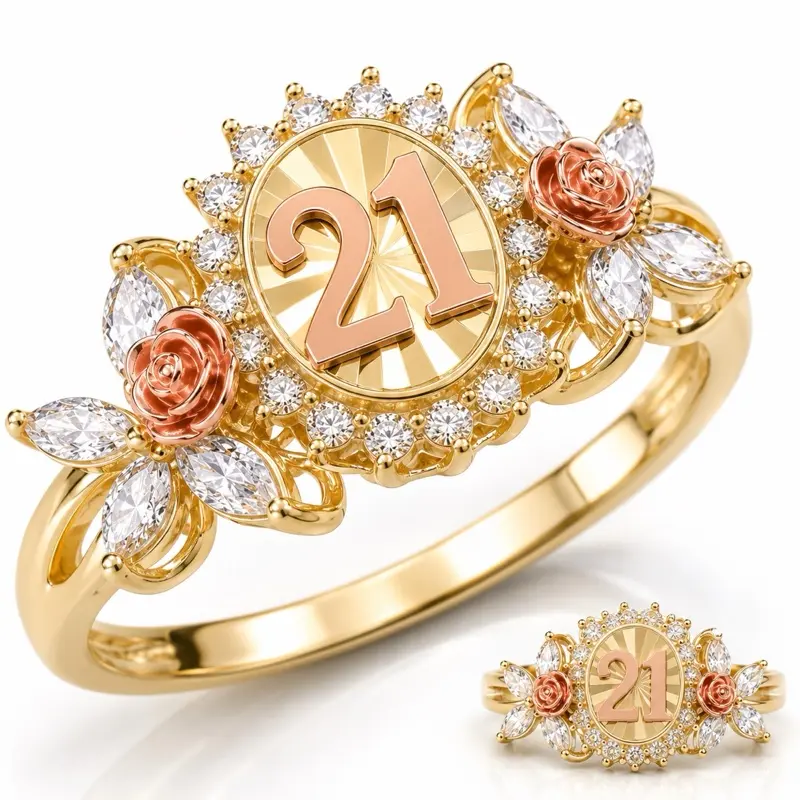 Luxury 14K Gold 21 Year Old Birthday Ring with Rose and Diamond Accents for Special Celebrations