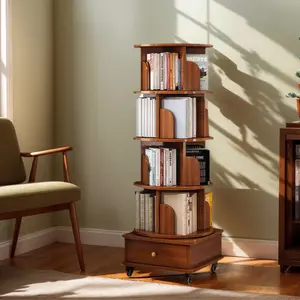 Rotating Bookshelf with Drawer, 360 Display 5 Tier Corner Bookshelf for Small Space, Floor Standing Bookcase Storage Rack, Wood Narrow Book Shelf Organizer for Bedroom, Living Room (WALNUT)