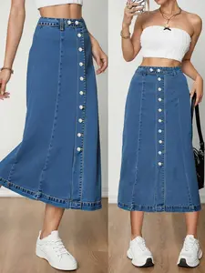Women's Elastic Washed Denim Midi Button Skirt, Casual Loose-Fitting Womenswear Jean Dress for All Seasons, Perfect for Dating and Daily Wear