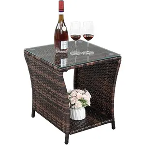 VINGLI Outdoor Wicker Side Table Patio Side Tables for Outside, Tempered Glass Top Wicker Table with Storage End Table for Balcony Porch Deck