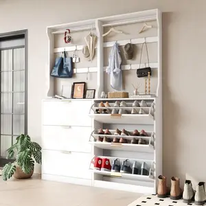 VOWNER Wood 2-in-1 Hall Tree Shoe Rack Organizer - Freestanding Storage Cabinet with 3 Flip Drawers, 6 Hooks, Hanging Bar, Coat Rack - for Entryway, Hallway - Organizer Storage & Home Decor, White