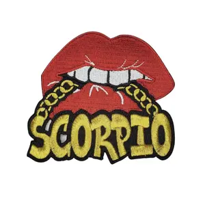 Patch Party Club, 1-pc, Poppin' Red Lip "Scorpio" Gold Metallic Chain, Iron-On Embroidered Patch, Astrology Zodiac Patch, DIY Patch for Jackets & Hats, Size 4"