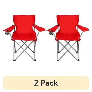 Basic Quad Folding Camp Chair with Cup Holder – Lightweight Portable Outdoor Polyester Chair for Adults, Beach, Picnic, Fishing & Travel – Comfortable Durable Bright Red Patio Seat – Best for Camping & Backyard