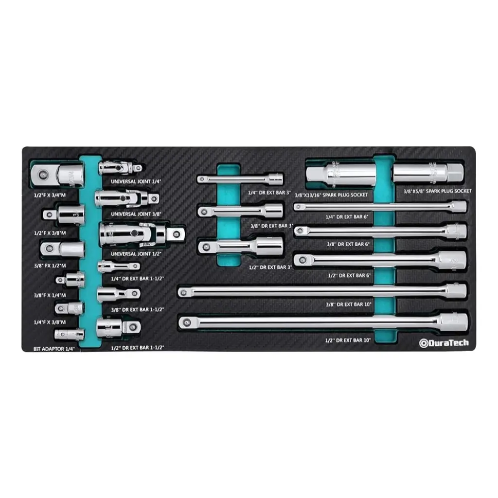 #backtoschool DURATECH 22-Piece Drive Tool Accessory Set, Including 1/4 3/8 1/2 Extension Bars, Socket Adapters, Universal Joints, Spark Plug Sockets, Professional Socket Accessories, Cr-V Steel, EVA Foam Package