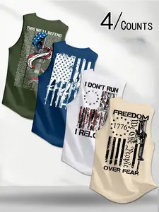 4 Piece American Patriotic Vintage Weapon Print Sleeveless Loose Tank Vest, Round Neck Loose Fit, Streetwear Boys Summer Set, Sporty Pullover Hoodie