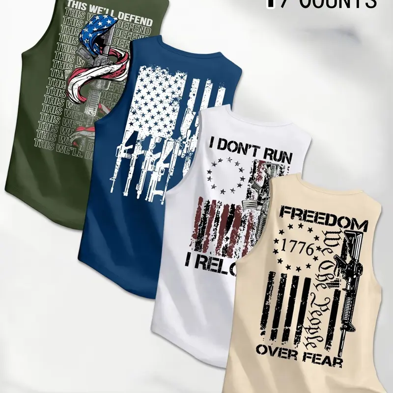 4 Piece Men's Vintage American Patriotic Weapon Print Sleeveless Sports Vests, Sporty Round Neck Loose-Fit Tops, Streetwear Summer Set, Sportswear Tank Top