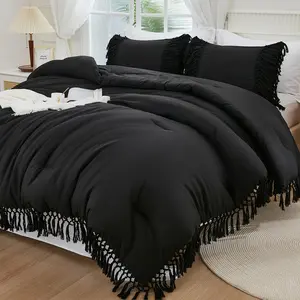 Black Comforter King, 3 Boho Tassel Lightweight Comforter Sets for King, Fluffy Fringe (104x90In Comforter  2 Pillowcases)