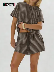 Women's Striped Knit Co-ord Set, Striped Knit Sets, Crew Neck Short Sleeve Loose Fit Top, Elastic Drawstring Adjustable Waist Shorts, Soft Stretchy Breathable Fabric, Loungewear, Daily Casual & Vacation Wear, Casual Style 2 Piece