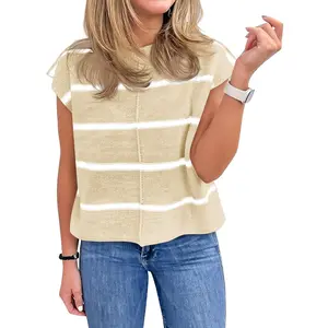【Summervibes】Saodimallsu Women's Striped Cap Sleeve Tank Tops Casual Loose Fit Crew Neck Pullover Knit Sweater Vest for Spring Summer Knitted Chic Knitwear Lightweight Sleeveless Soft Womenswear