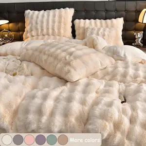 Luxury Faux Rabbit Fur 3PCS Bedding Set – Ultra Soft Warm Duvet Cover with Zipper & 2 Pillowcases, Solid / Butterfly Design, Cozy All-Season Bedroom Bedding