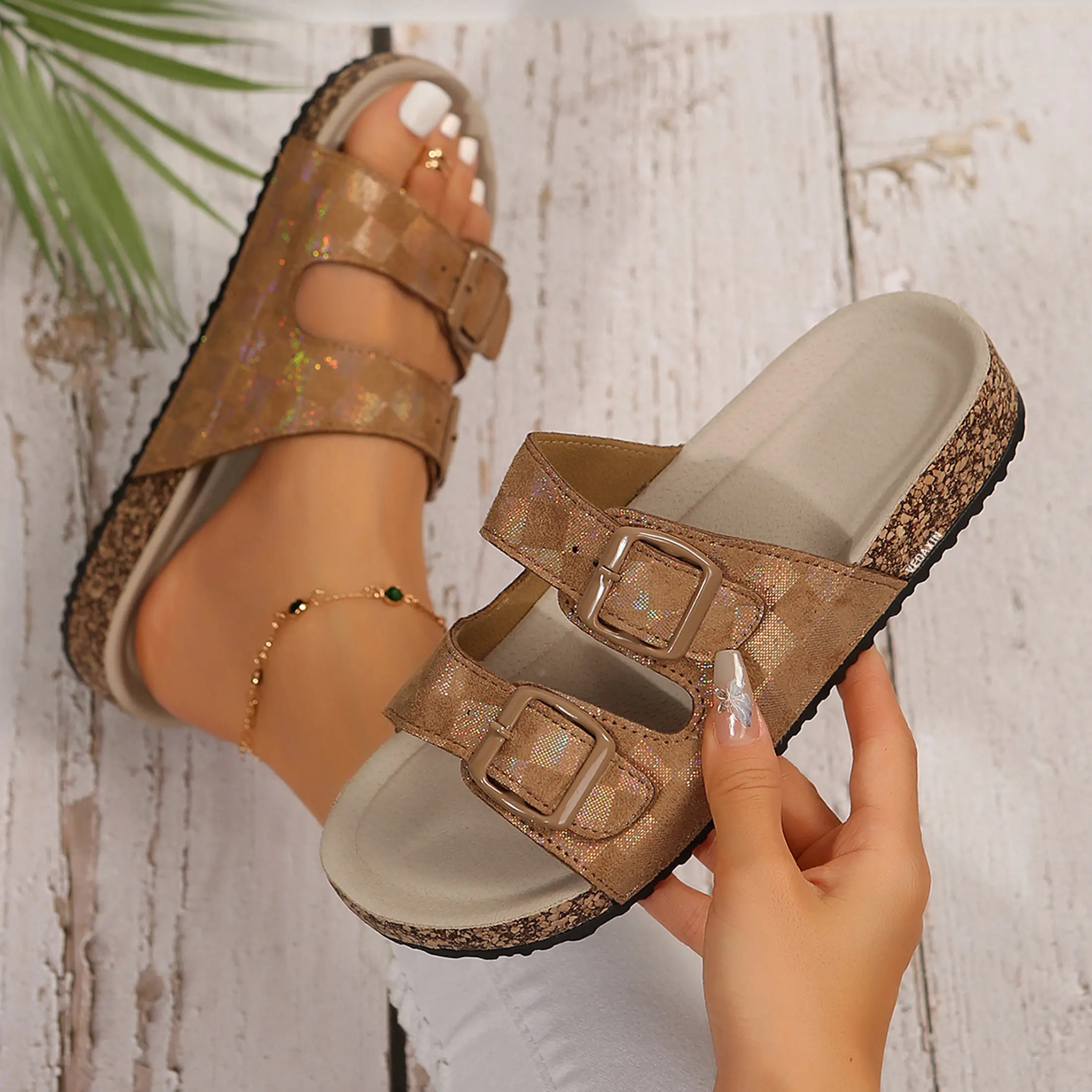 Women's Sandals Checkered Pattern Flatform Slide Sandals Double Buckle Decor With Comfortable Cork Footbed Color Block Slipper