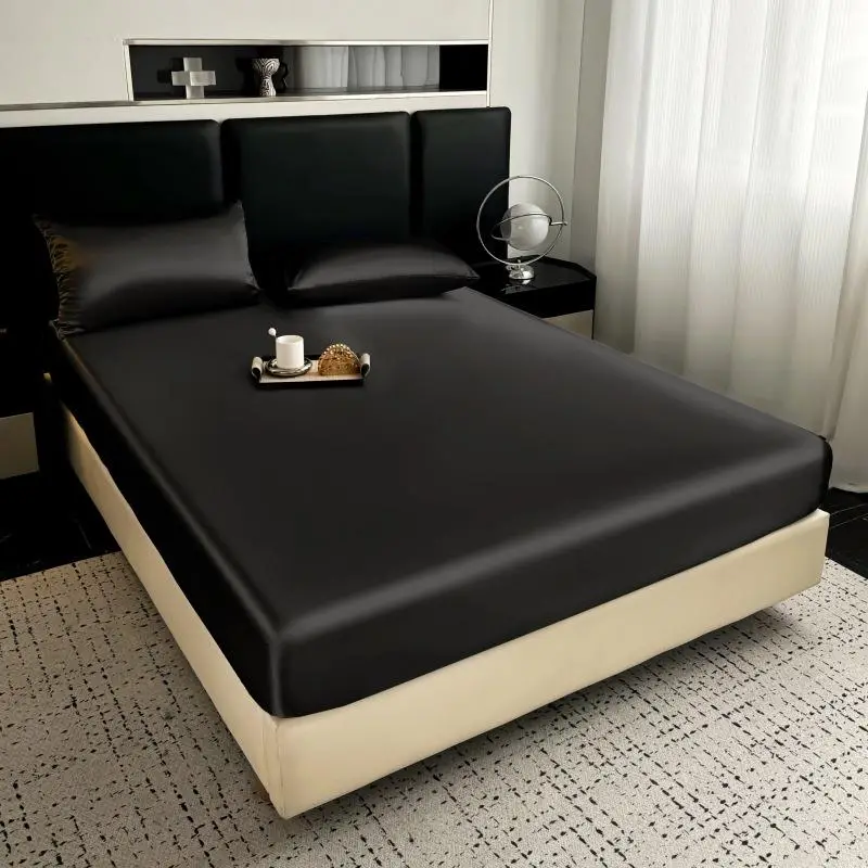 Solid Color Satin Fitted Sheet Set (1 Fitted Sheet + 2 Pillowcases) without Filler, 3 Counts Luxurious and Silky, Fits Up To 14" Mattress, Room Access