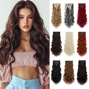 Lansigreen 8pcs Clip in Hair Extensions 24inch Curly Wavy Clipsin Hairpieces for Women Natural Fluffiness Synthetic Hair Extensions Easy to Wear Summer Style
