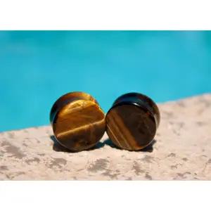 Tiger Eye Double Flare Stone Plugs - Brown Natural Gauges 3mm-38mm