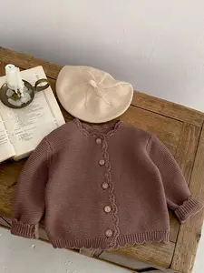 Unisex Baby & Kids Knit Cardigan, Spring & Fall Casual Fitted Sweater Coat, Round Neck Handmade Crochet Edge Long Sleeve Outerwear, Baby Girl Clothes