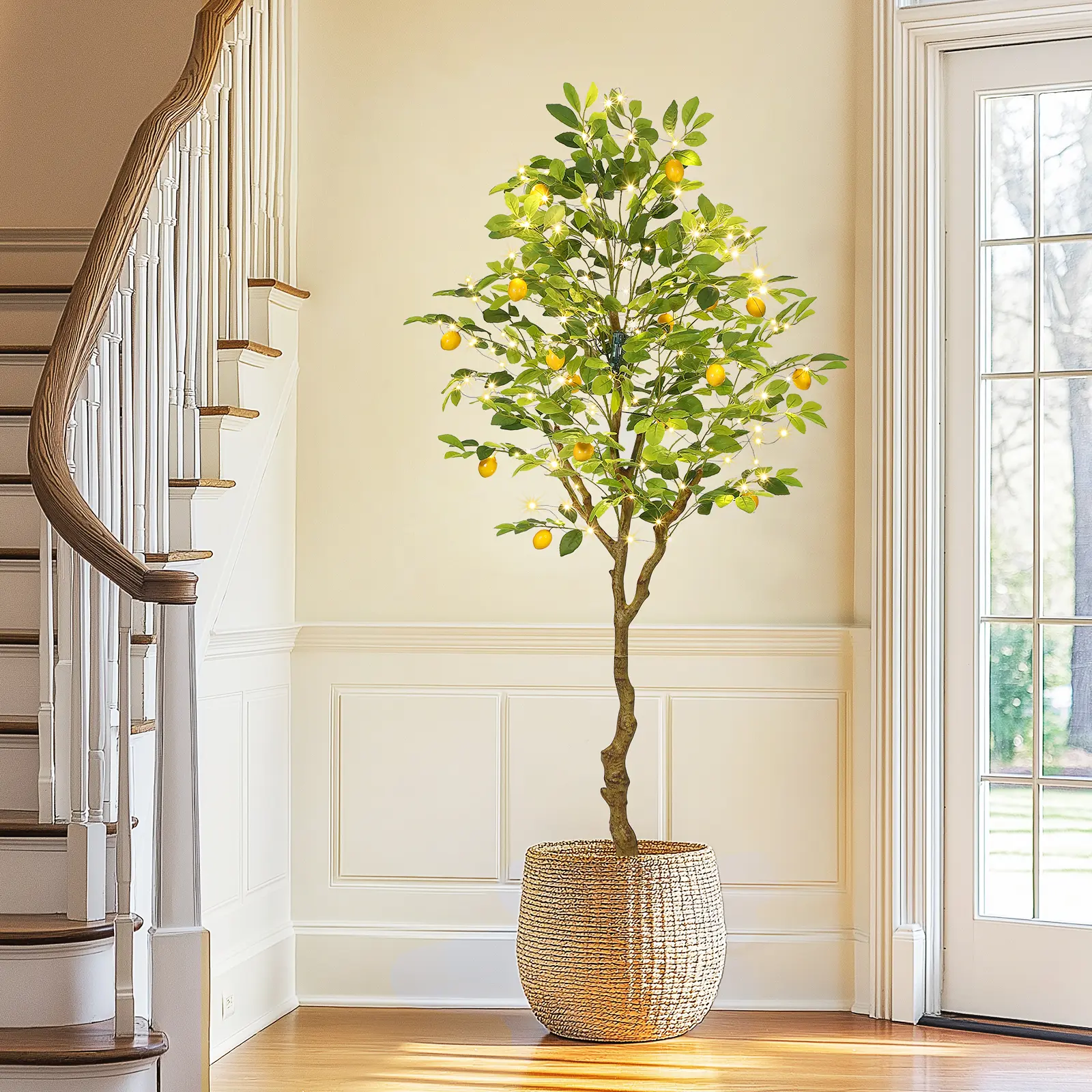 72-Inch Decorative Faux Silk-Plastic Synthetic Lemon Tree Potted Plant with Lemon Fruits, LED Lights, Flower Pot - Indoor Use Decor for Living Room, Bedroom, Office