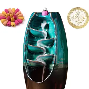Ceramic Incense Burner with 120 Cones, Waterfall Backflow Incense Holder, Aromatherapy Ornament, Zen Decor, Home Decor, Room Decor (Cyan)