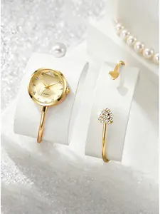 2pcs/Set: Slim Bangle Watch for Women + Matching Bracelet, Exquisite and Elegant Design with Large Pearls and Decorative Rhinestones, Minimalist Quartz Watch, Perfect Valentine's Day Gift for Girlfriends