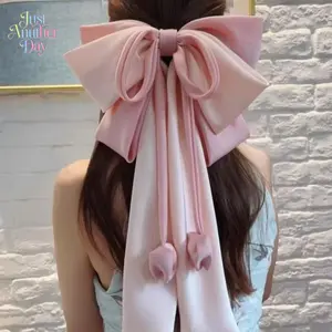 Sweet Oversized Satin Bow Hair Clip with Long Ribbon, Elegant Pink Bow Barrette, Spring Clip for Back of Head, Luxury Hair Accessory for Women Girls, for Wedding Party Daily Use