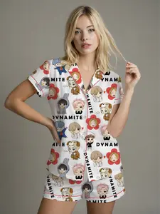 Kpop Tour Comeback Satin Pajamas Set, Idol Chibi Sleepwear, Button Up PJ Set, Cute Nightwear Gift for Kpop Fans