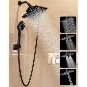 High Pressure 5-Mode Square Rainfall Shower Head Combo with Detachable Handheld Spray, Dual Matte Black Showerhead for Bathroom Decor