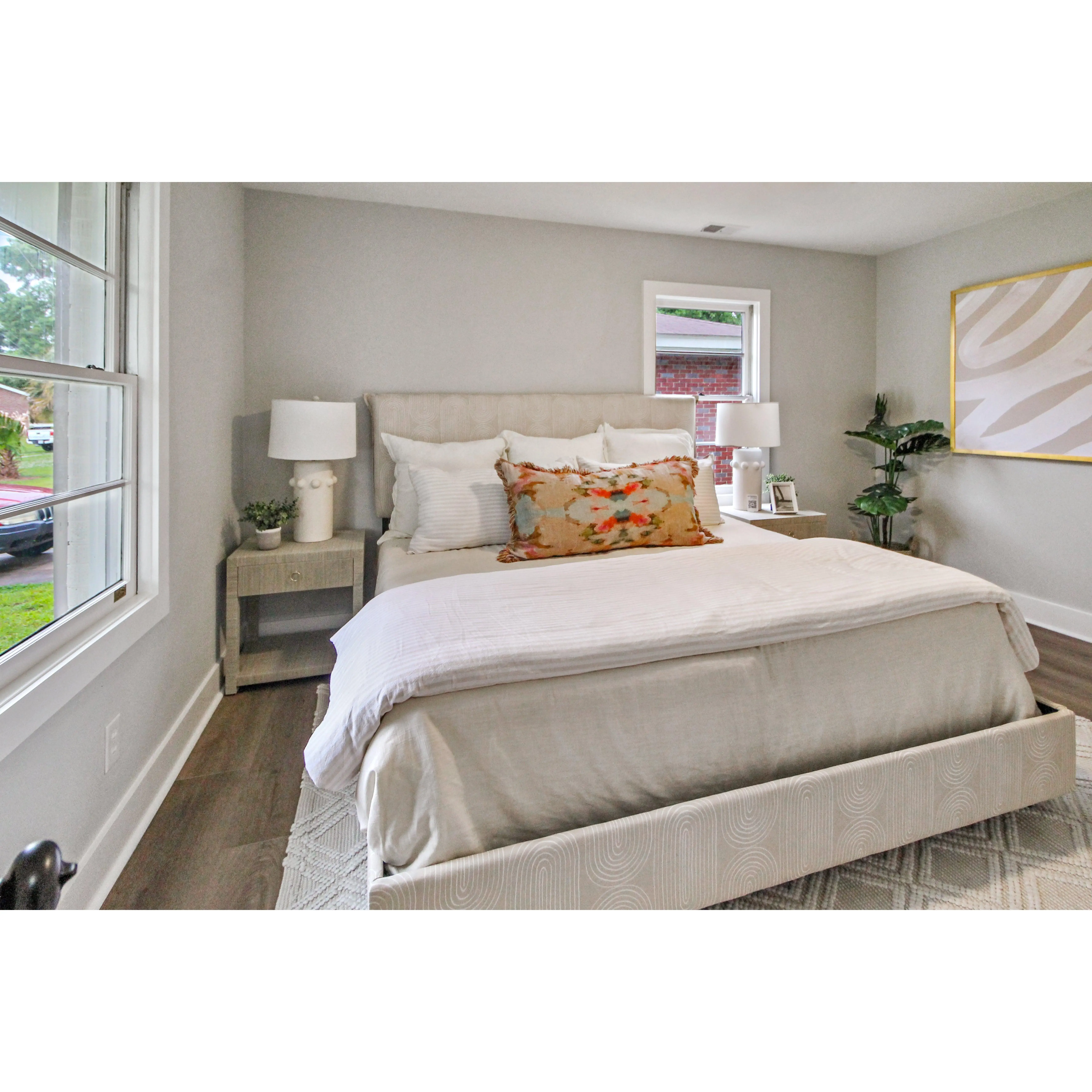 Queen Upholstered Bed - Oblong Mustard Pattern