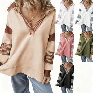 (11)CELOT KEVER Casual Versatile Deep V Neck Pullover Striped Color Block Long Sleeve Loose Sweatshirt Top