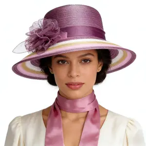 2-piece Set, French Retro Purple Gradual Change Flower Top Hat + Silk Scarf Set of The Same Color, Party and Banquet Dress Hat, Silk Scarf Accessories, Mesh Big Brim Women's Hat