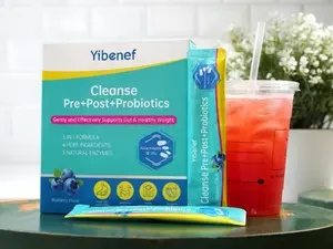 Yibenef  Cleanse Tribiotic | Pre+Post+Probiotics 3-in-1 Formula with 8 Probiotics,  5 Digestive enzymes & SuperfoodS for Gut Health & Overall Fitness - Blueberry Flavor, Healthcare Drink, Dietary Supplement - 15 Packs