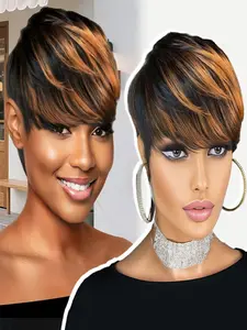 Pixie Cut Wig Human Hair for Women Highlight Brown Short Straight Wigs  Human Hair Pixie Cut Wig with Bangs