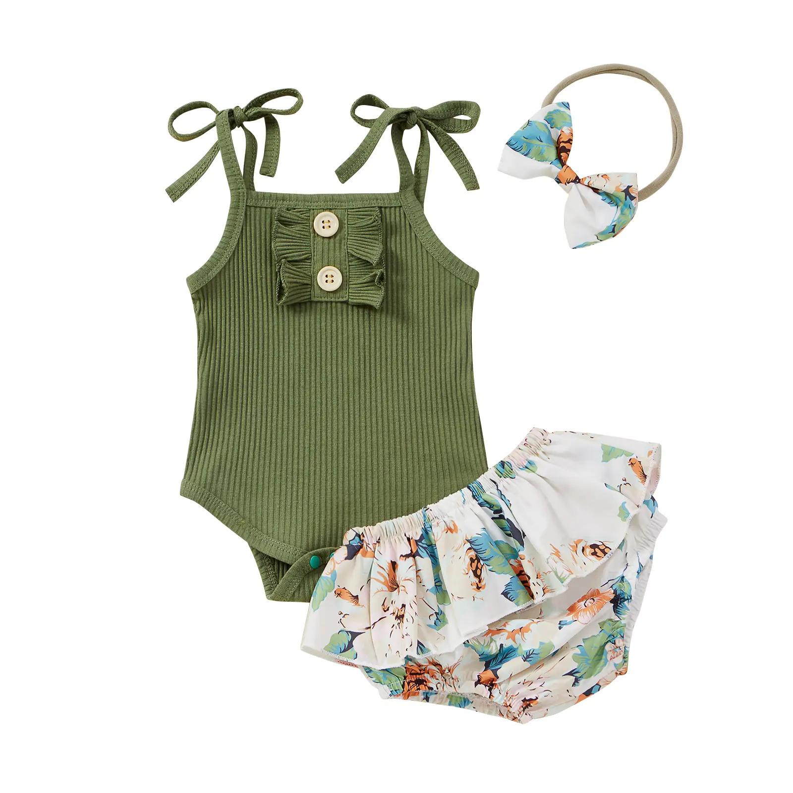Cute Infant Baby Girls Summer Clothes Tie Up Ripped Romper Tops and Flower Shorts with Headband 3pcs Outfits Set