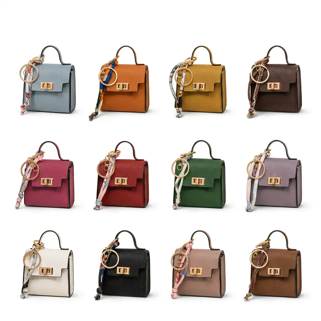 12 Color Mini Square Bag Pendant Keychain - High Quality Leather with Colorful Strap, Cute Car Keychain & Bag Charm Accessory