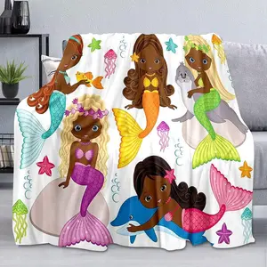 LUVIVIHOME Black Mermaid Throw Blanket, Twin Blanket, African American Black Girl Colorful Mermaid Tail White Blanket, Soft Fuzzy Flannel Fleece Blanket for Bed, Couch, Sofa, Mermaid Gifts, 60"x80"