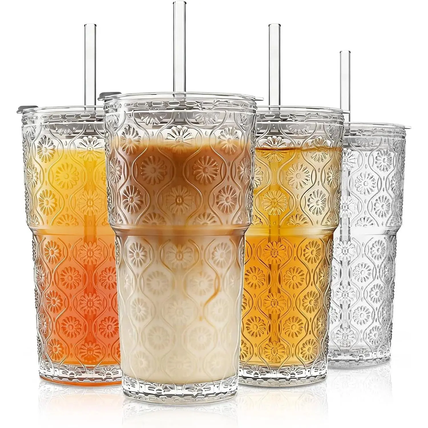 20oz Begonia Flower Glass Tumbler Set of 4 – Thickened Glass Cups with Lids and Glass Straws for Iced Coffee, Smoothies, Milk, Water, and More – Elegant& Durable Drinkware