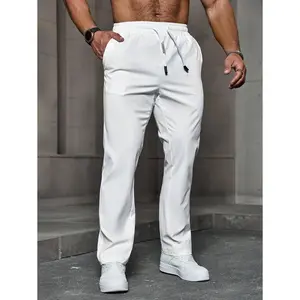 Manfinity Homme Men Drawstring Solid Color Casual Pants With Pockets Baggy Long Slacks Plain All White Going Out White Men Pants Men White Pants, Men Drawstring Pants, Men Straight Leg Sweatpants