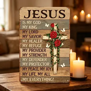 Aluminium Metal Wall Sign - 8x12 in Retro Vintage Design, Jesus Cross Rose Print Crucifix Home Signs - Christian Faith Home Decor, Religious Inspirational Gift